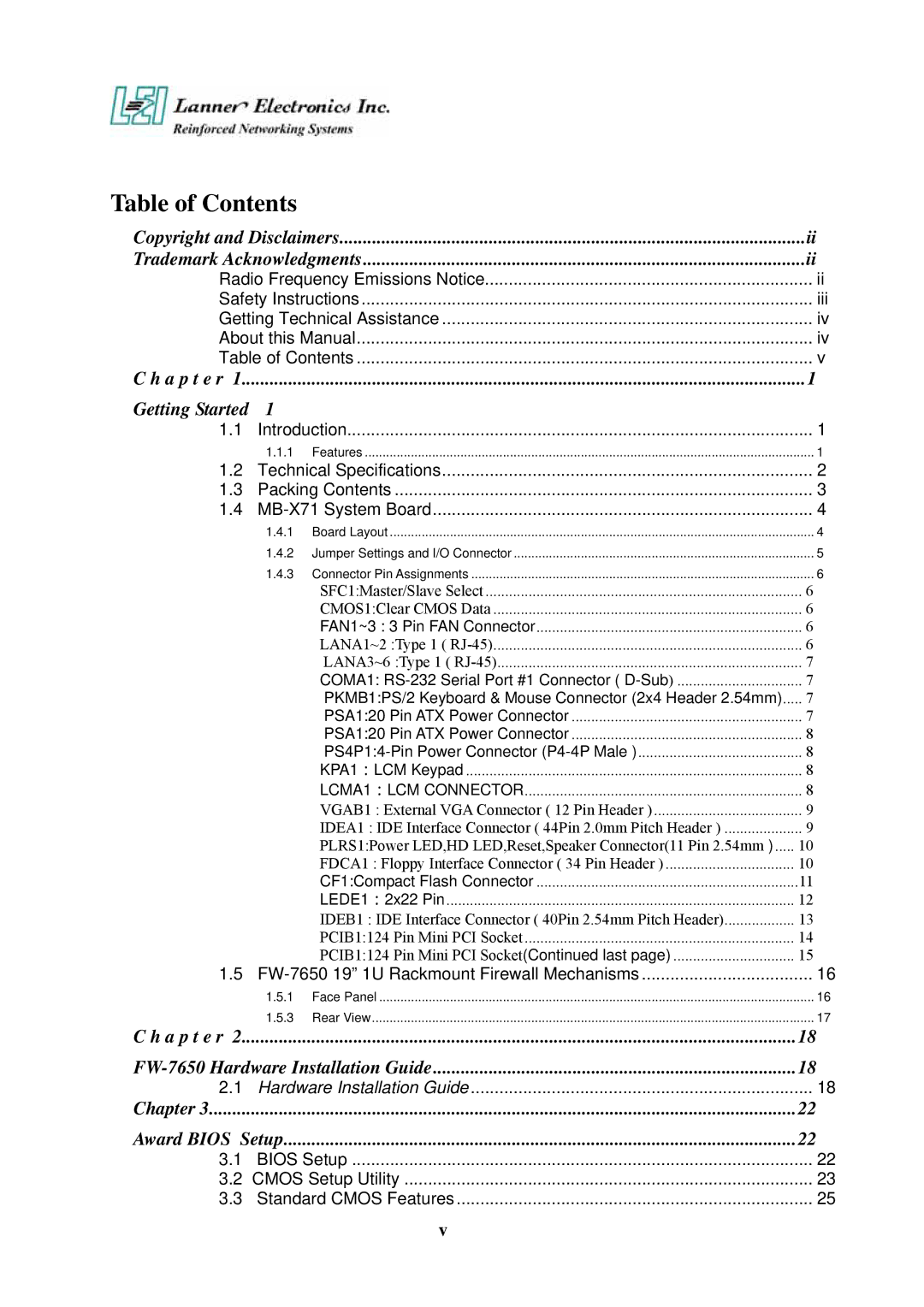 Lanner electronic FW-7650 manual Table of Contents 