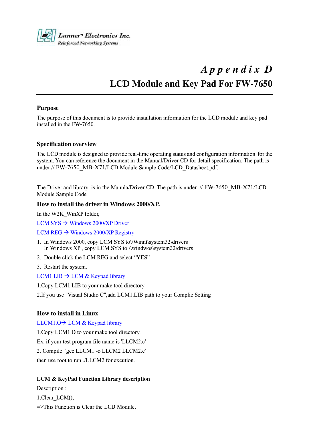 Lanner electronic manual LCD Module and Key Pad For FW-7650, LCM & KeyPad Function Library description 