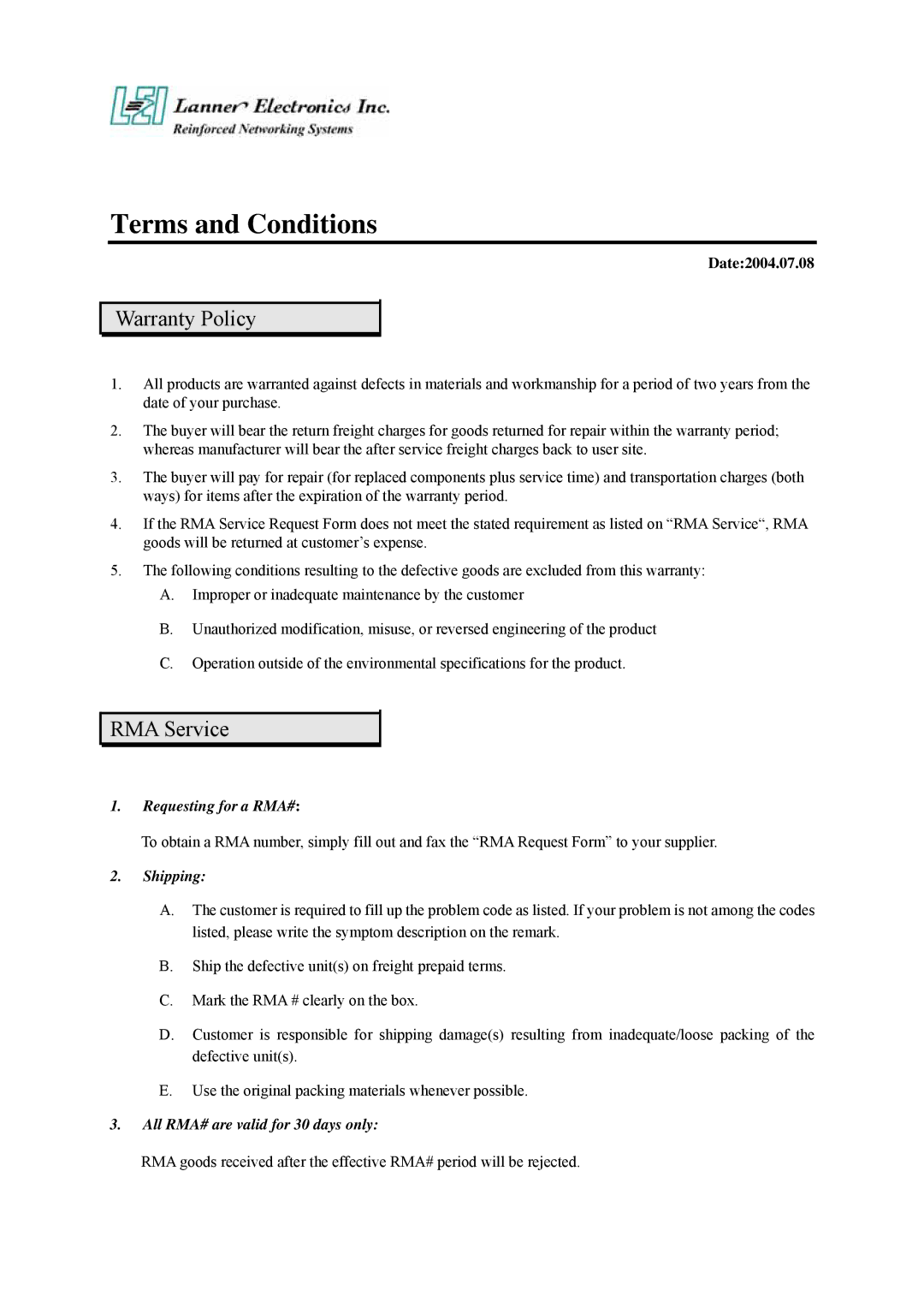 Lanner electronic FW-7650 manual Terms and Conditions, Warranty Policy 