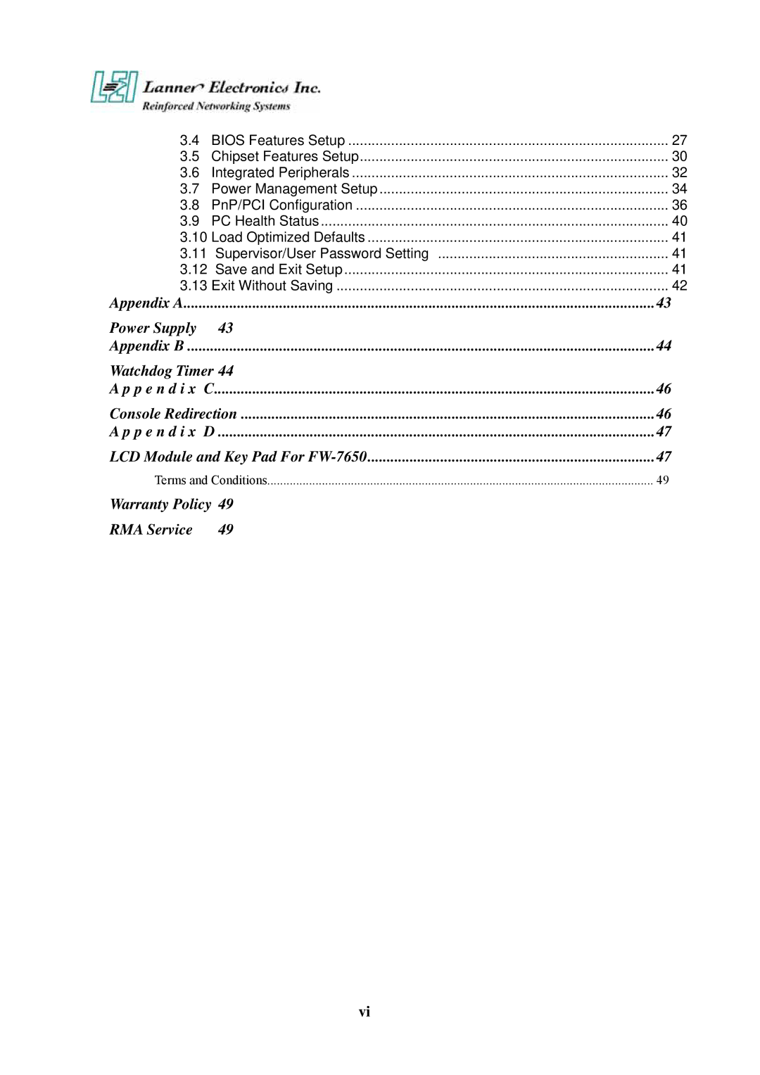 Lanner electronic manual Power Supply, Watchdog Timer P e n d i x C, P e n d i x D LCD Module and Key Pad For FW-7650 