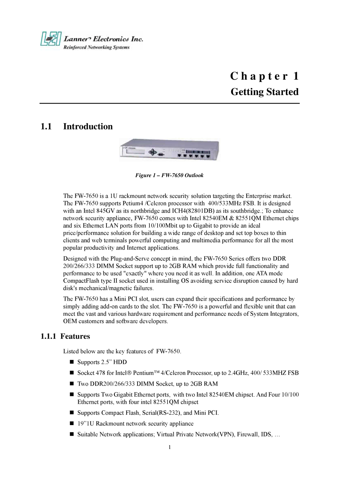 Lanner electronic FW-7650 manual Getting Started, Introduction, Features 