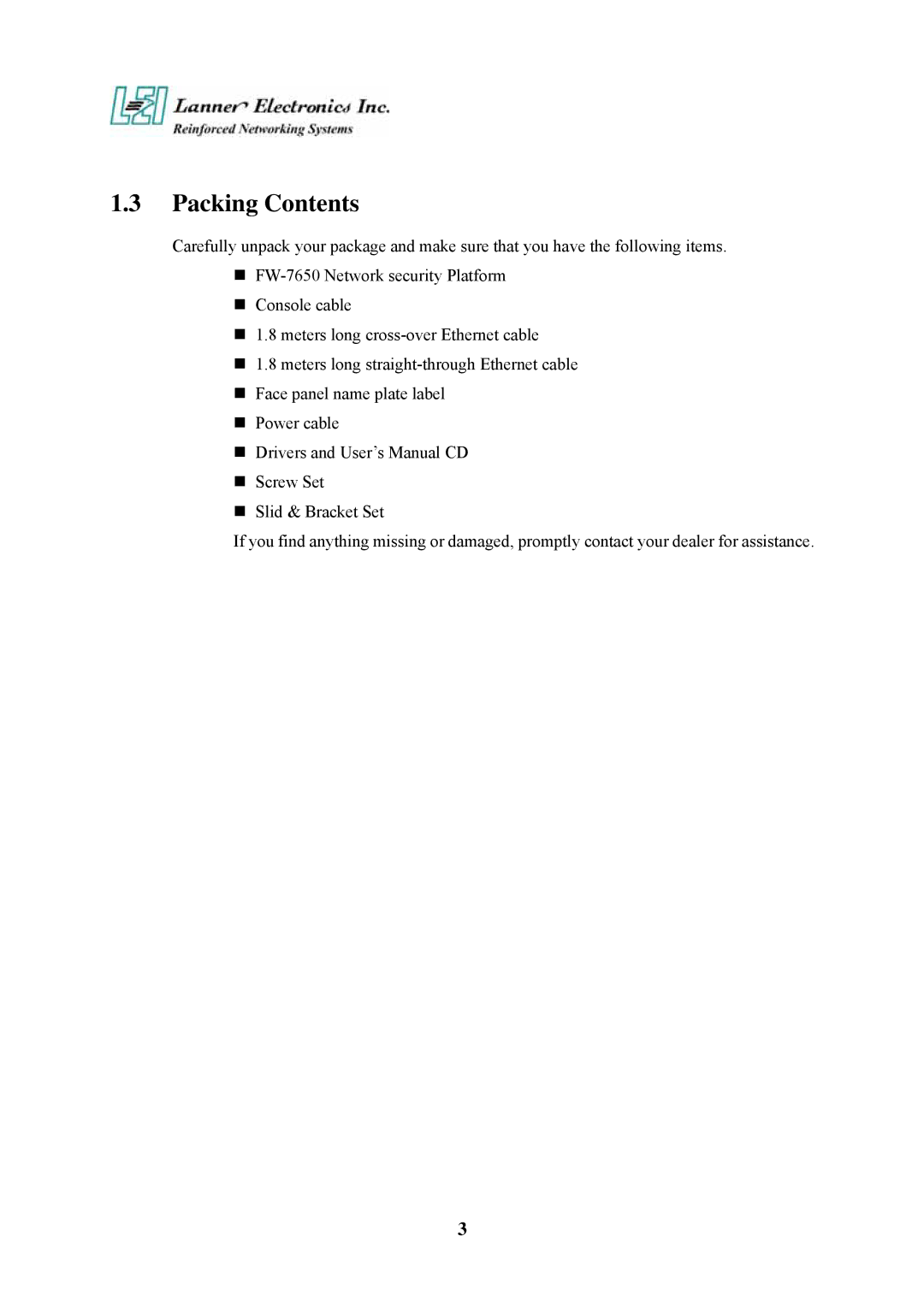 Lanner electronic FW-7650 manual Packing Contents 