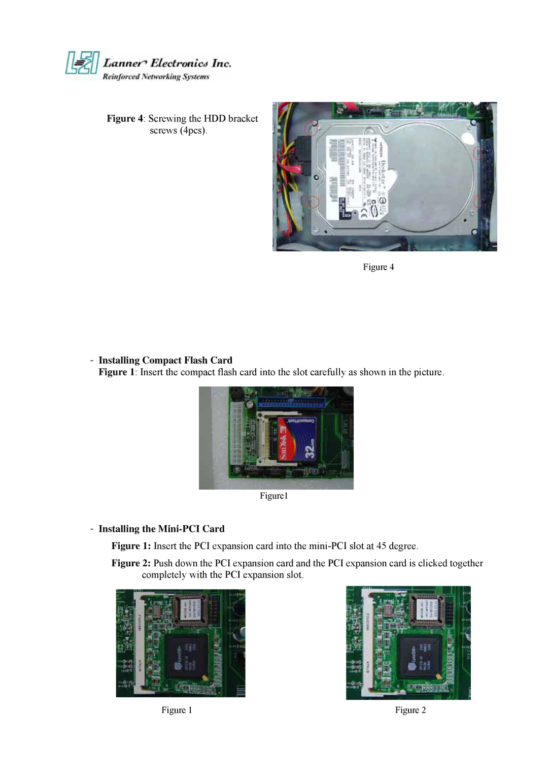 Lanner electronic FW-7870 user manual Installing Compact Flash Card, Installing the Mini-PCI Card 
