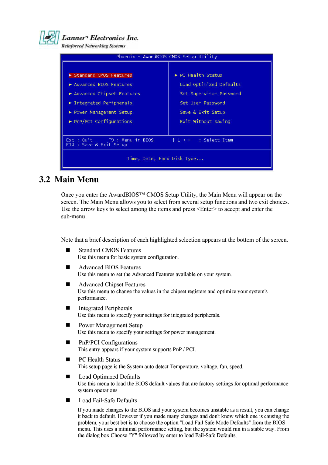 Lanner electronic 19" 1U Intel Pentium 4 Socket T Rackmount Network Security Platform, FW-7870 user manual Main Menu 