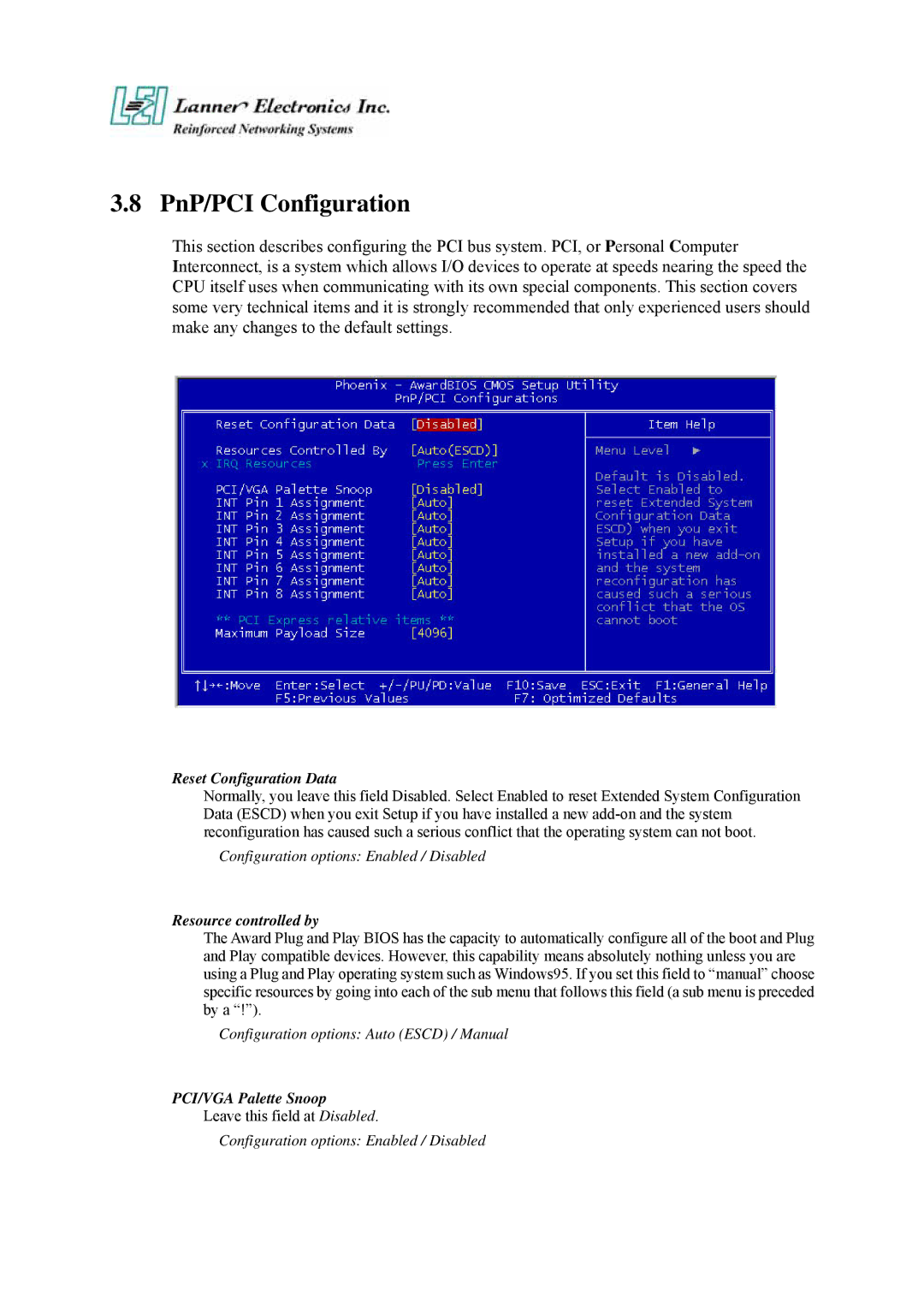 Lanner electronic FW-7870 user manual PnP/PCI Configuration, Reset Configuration Data 