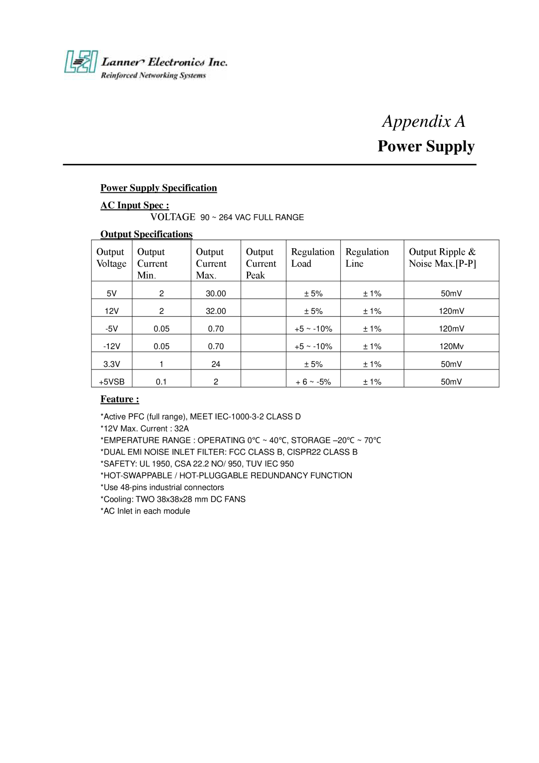 Lanner electronic FW-7870 user manual Power Supply Specification AC Input Spec, Output Specifications, Feature 