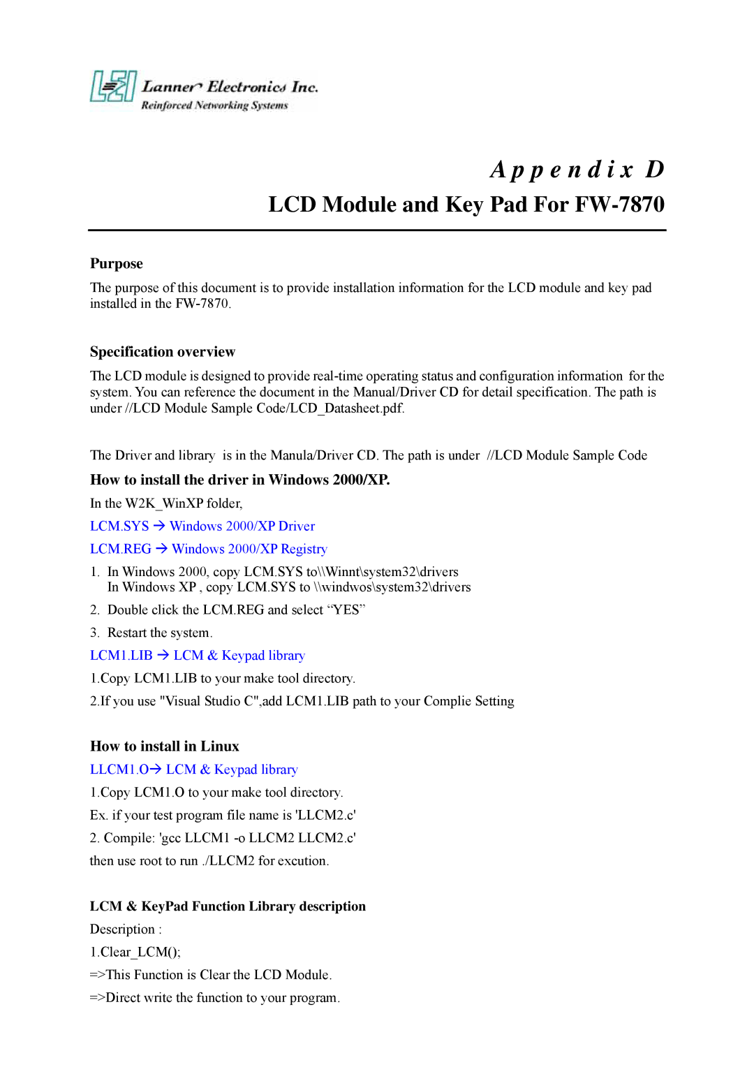 Lanner electronic user manual LCD Module and Key Pad For FW-7870, LCM & KeyPad Function Library description 