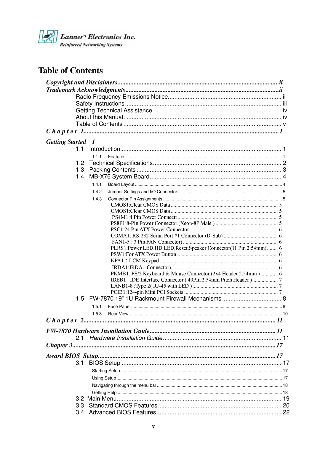 Lanner electronic 19" 1U Intel Pentium 4 Socket T Rackmount Network Security Platform, FW-7870 user manual Table of Contents 