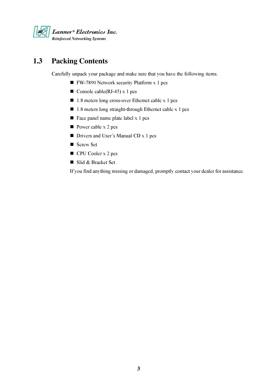 Lanner electronic FW-7890 user manual Packing Contents 