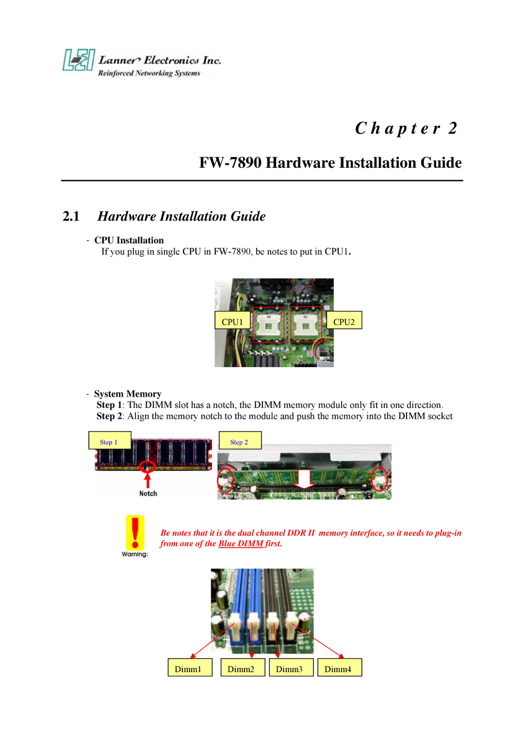 Lanner electronic user manual FW-7890 Hardware Installation Guide, CPU Installation, System Memory 