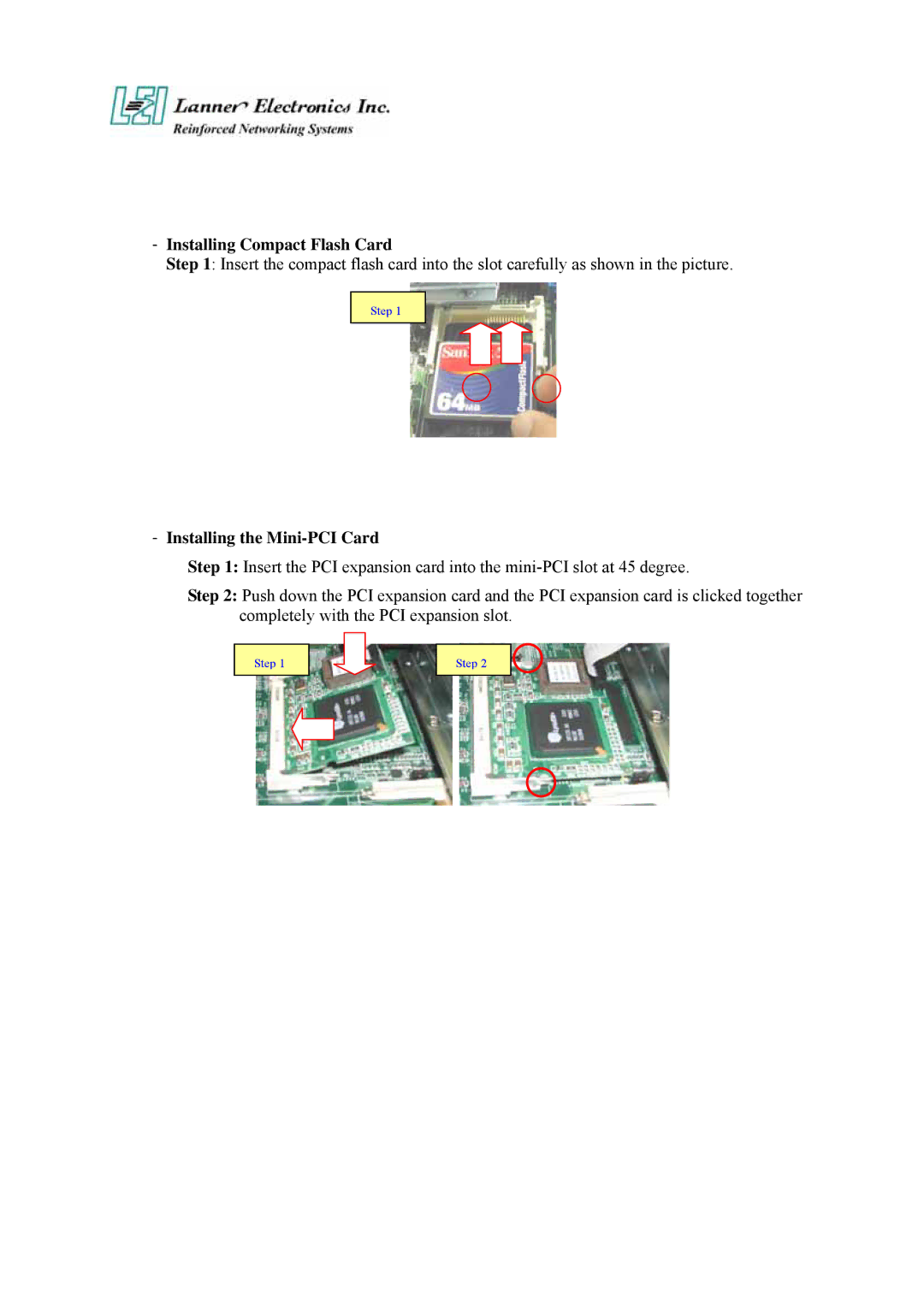 Lanner electronic FW-7890 user manual Installing Compact Flash Card, Installing the Mini-PCI Card 