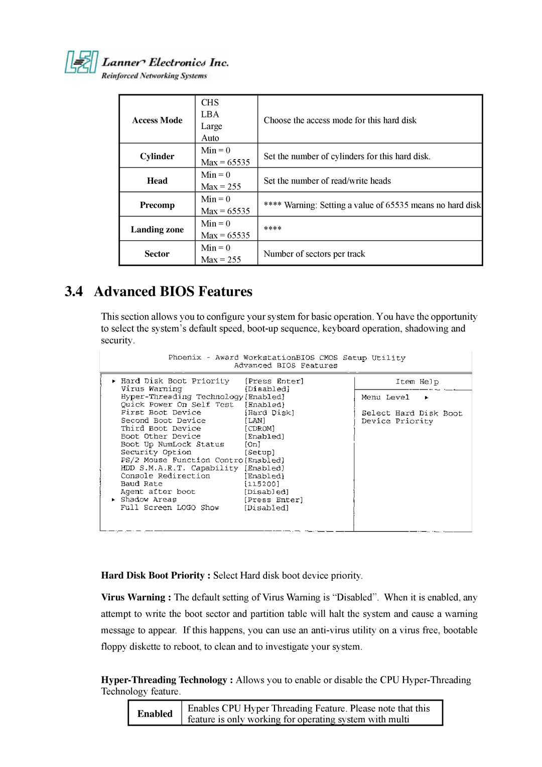 Lanner electronic FW-7890 user manual Advanced Bios Features, Enabled 