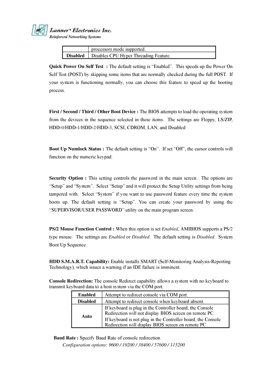 Lanner electronic FW-7890 user manual Configuration options 9600 / 19200 / 38400 / 57600 