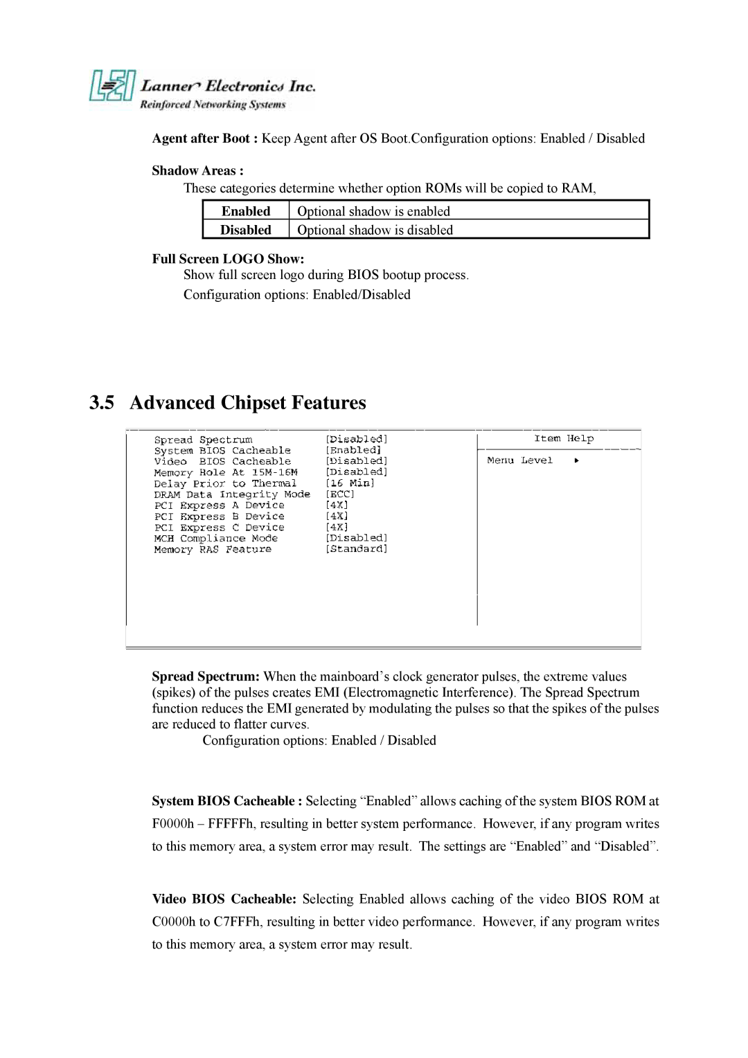 Lanner electronic FW-7890 user manual Advanced Chipset Features, Shadow Areas 