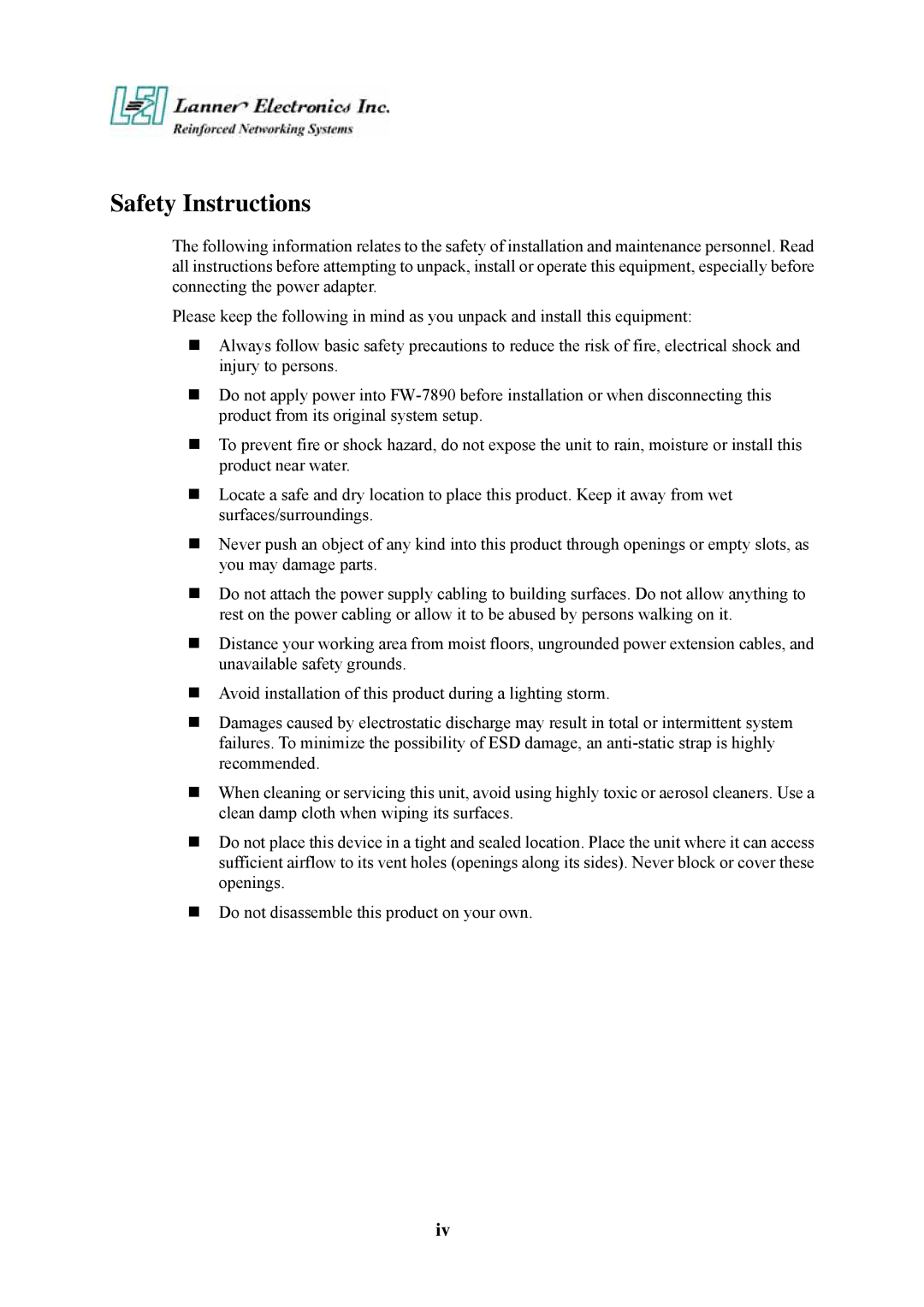 Lanner electronic FW-7890 user manual Safety Instructions 