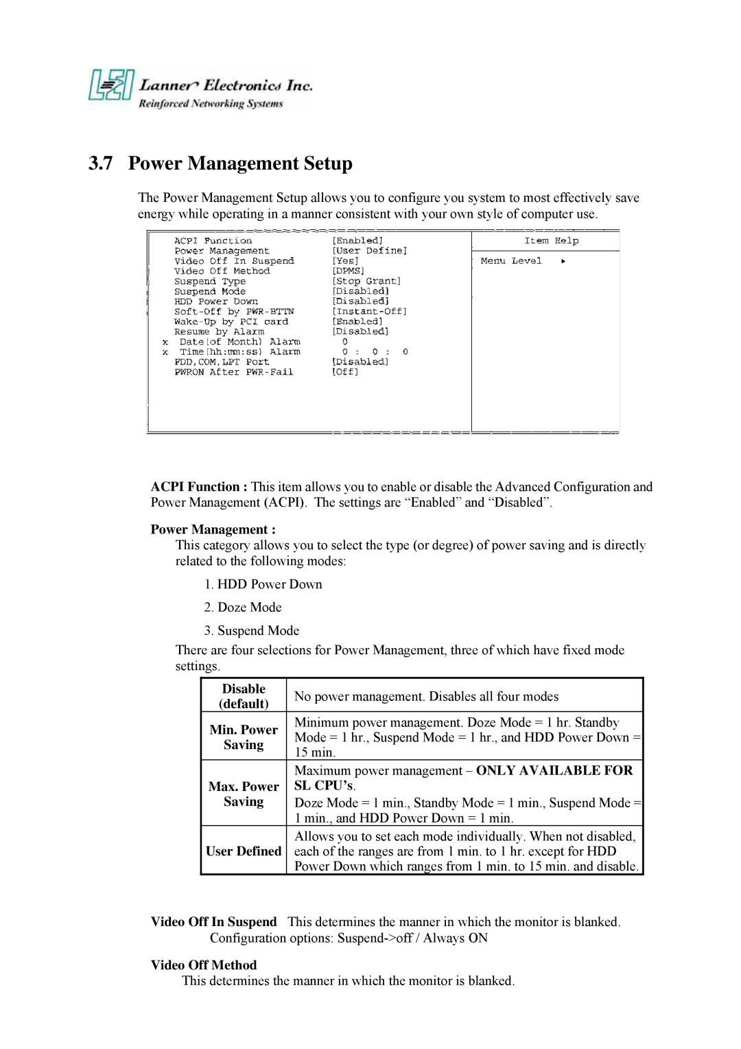 Lanner electronic FW-7890 user manual Power Management Setup 