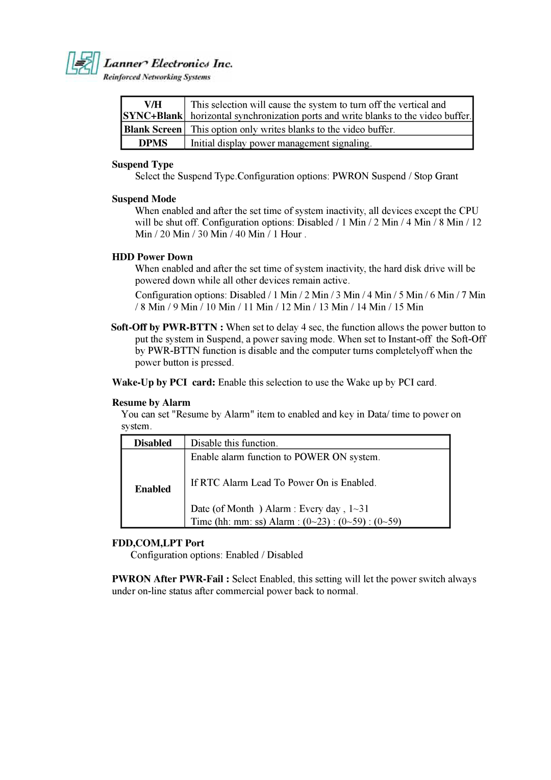 Lanner electronic FW-7890 user manual Suspend Type, Suspend Mode, HDD Power Down, Resume by Alarm, FDD,COM,LPT Port 