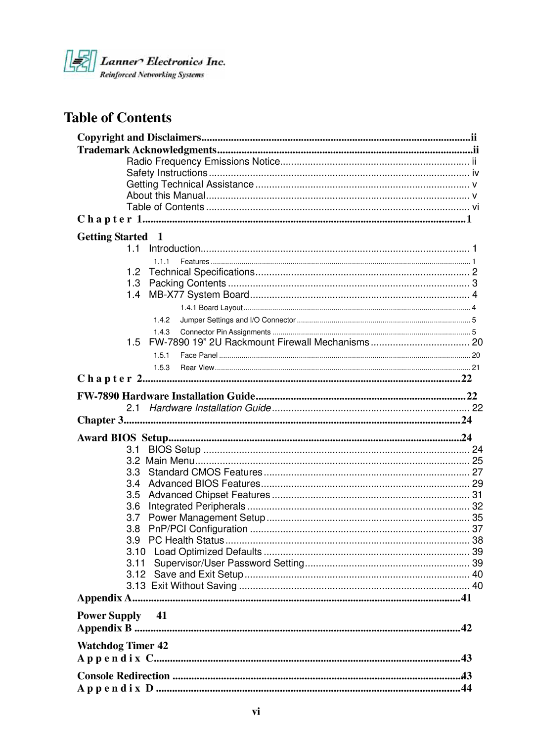 Lanner electronic FW-7890 user manual Table of Contents 