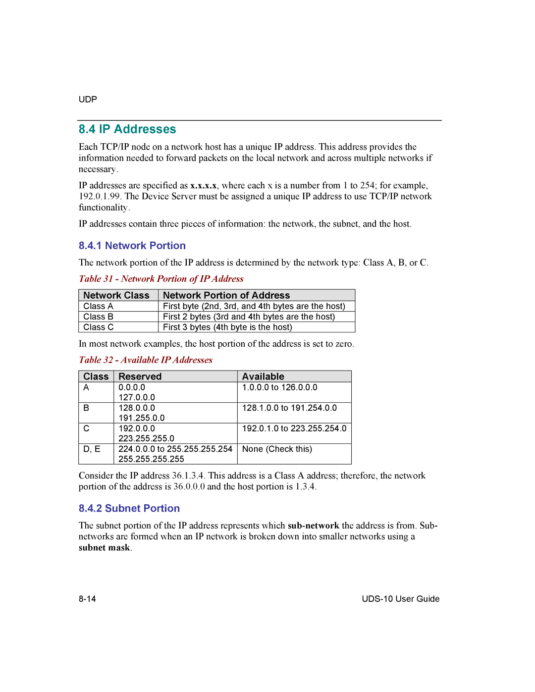 Lantronix 10 manual IP Addresses, Subnet Portion, Network Class Network Portion of Address, Class Reserved Available 