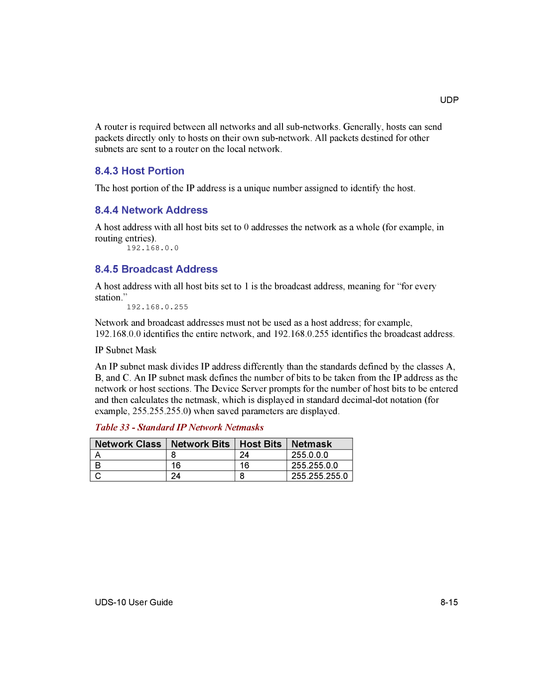 Lantronix 10 manual Host Portion, Network Address, Broadcast Address, Network Class Network Bits Host Bits Netmask 