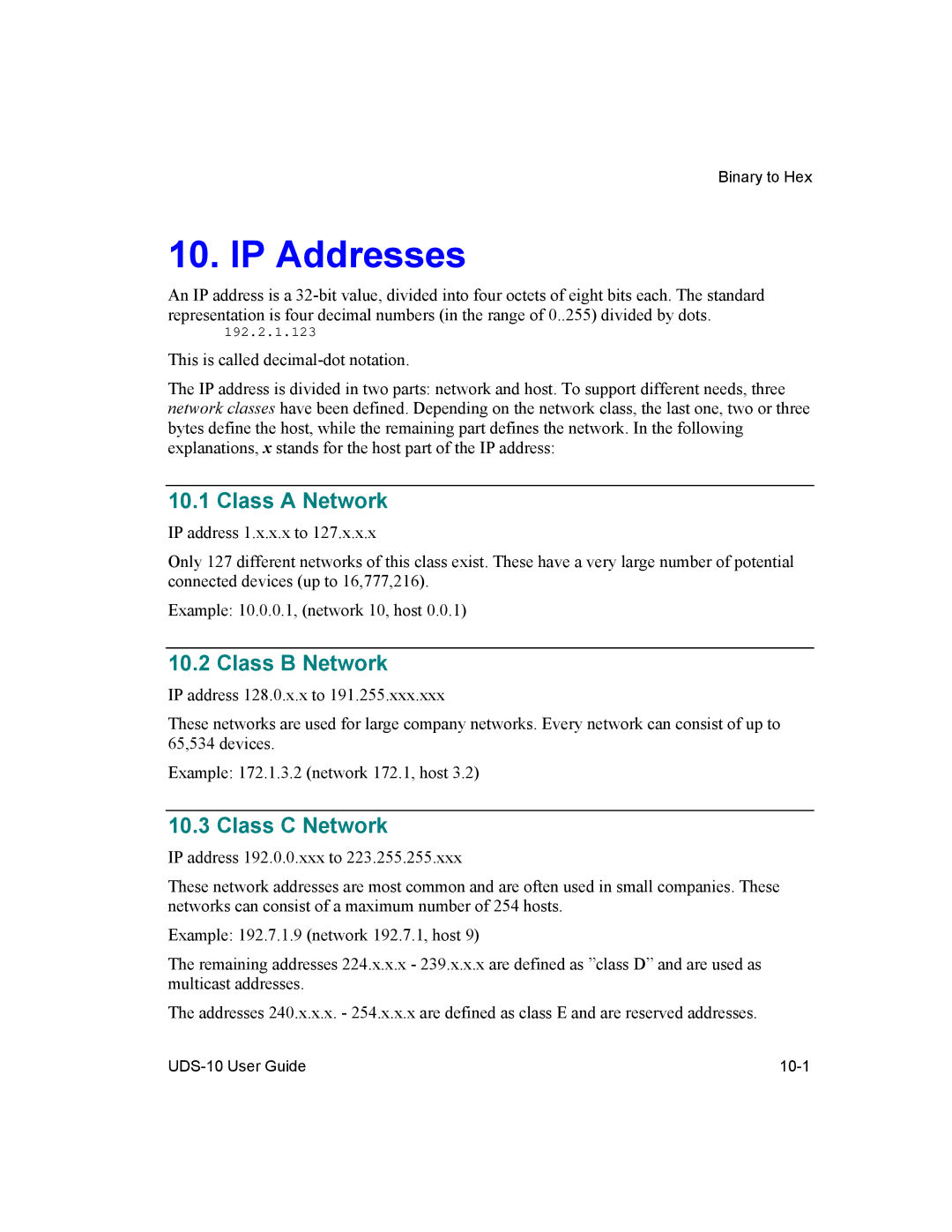 Lantronix 10 manual IP Addresses, Class a Network, Class B Network, Class C Network 