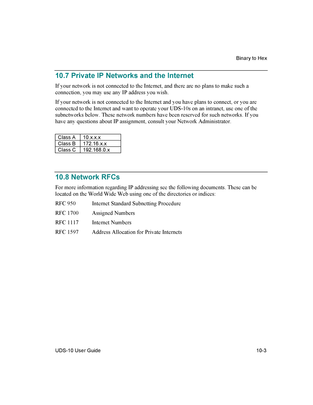 Lantronix 10 manual Private IP Networks and the Internet, Network RFCs 