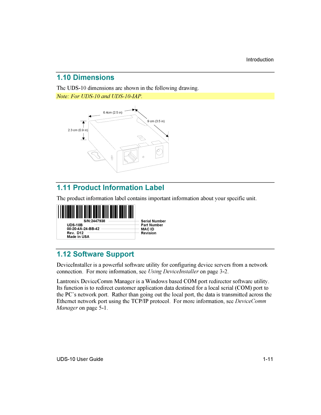 Lantronix 10 manual Dimensions, Product Information Label, Software Support 