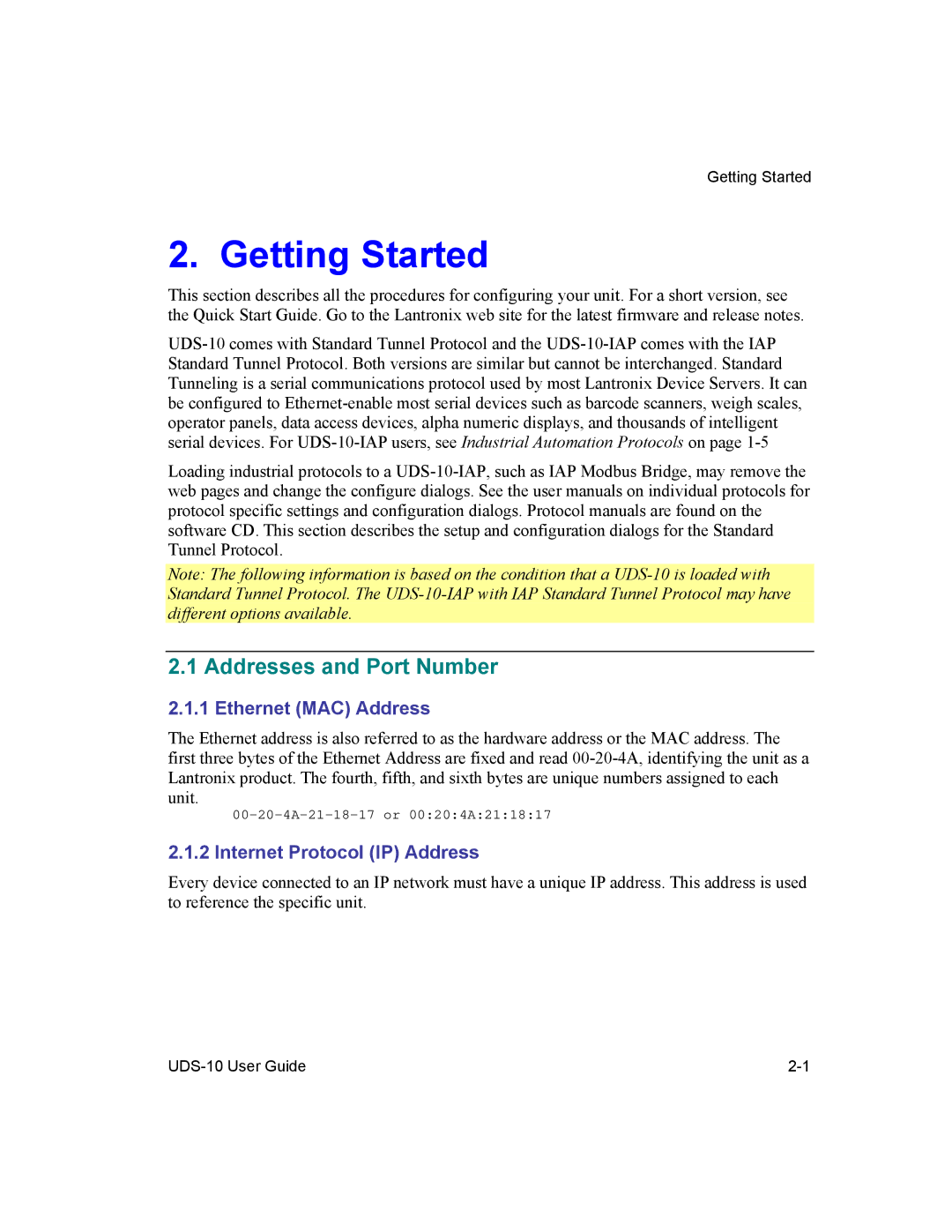 Lantronix 10 manual Getting Started, Addresses and Port Number, Ethernet MAC Address, Internet Protocol IP Address 