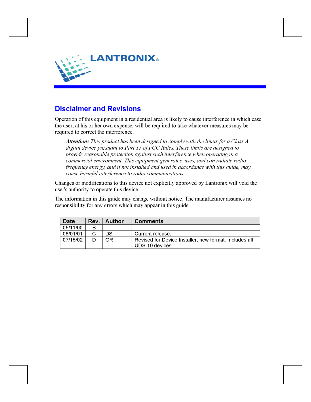 Lantronix 10 manual Disclaimer and Revisions, Date Rev Author Comments 