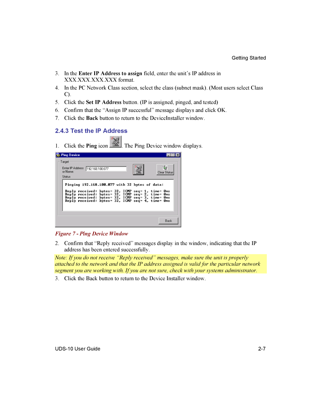 Lantronix 10 manual Test the IP Address, Ping Device Window 