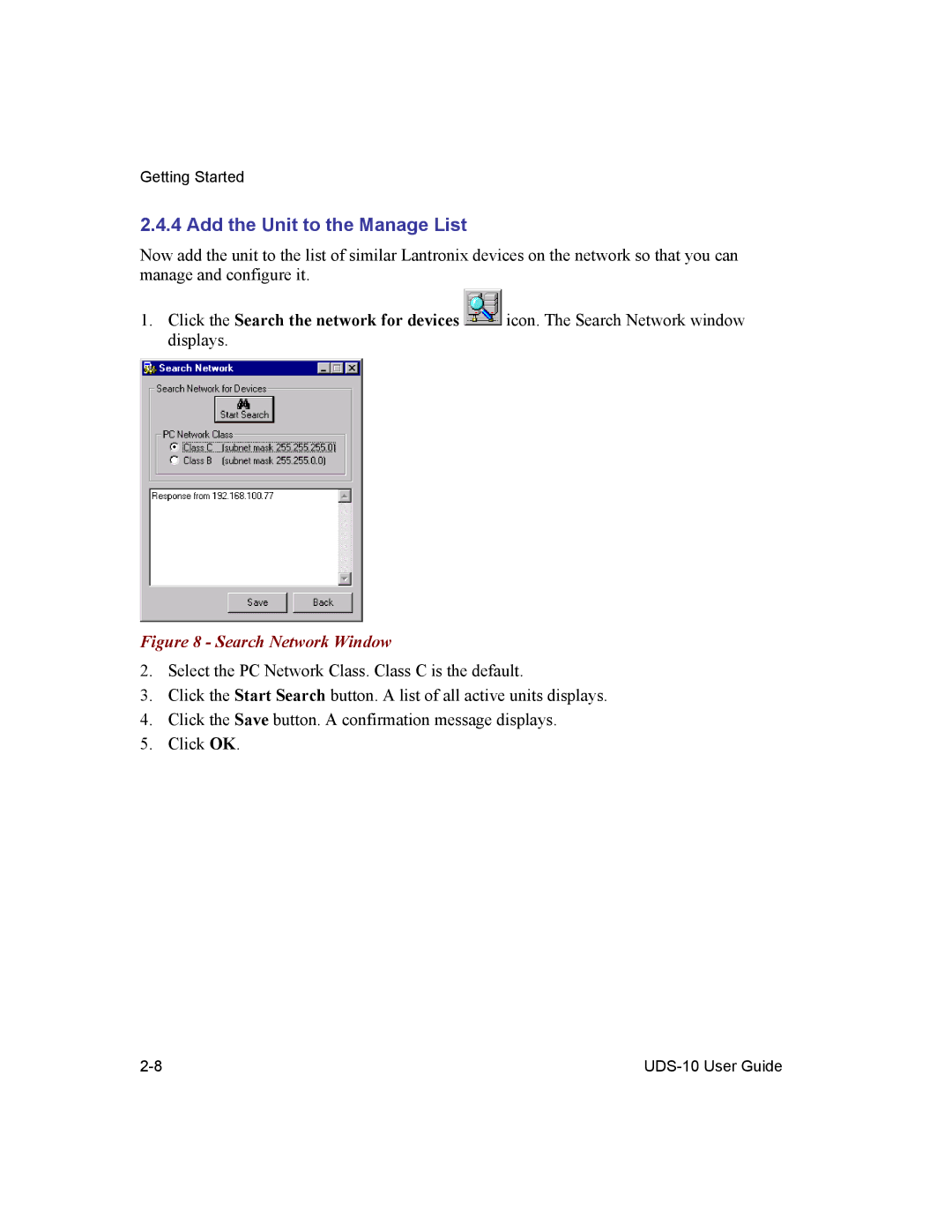 Lantronix 10 manual Add the Unit to the Manage List, Search Network Window 