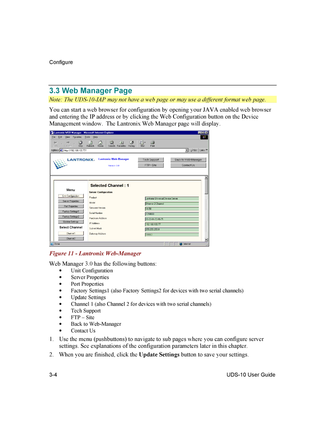 Lantronix 10 manual Web Manager 3.0 has the following buttons 