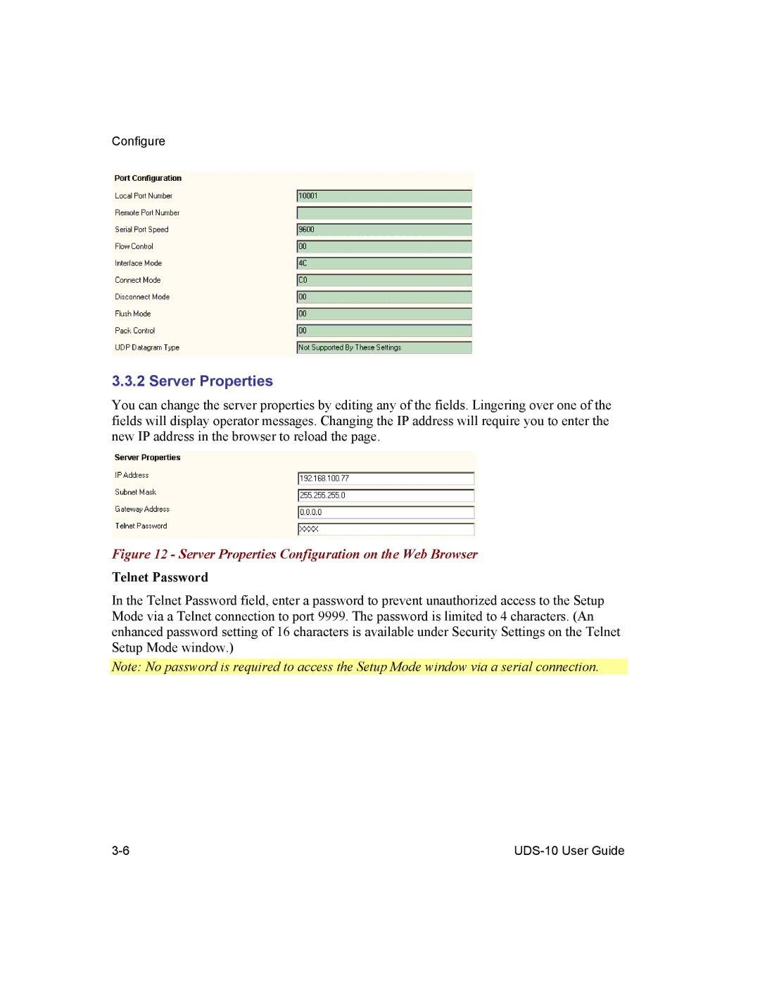 Lantronix 10 manual Server Properties, Telnet Password 