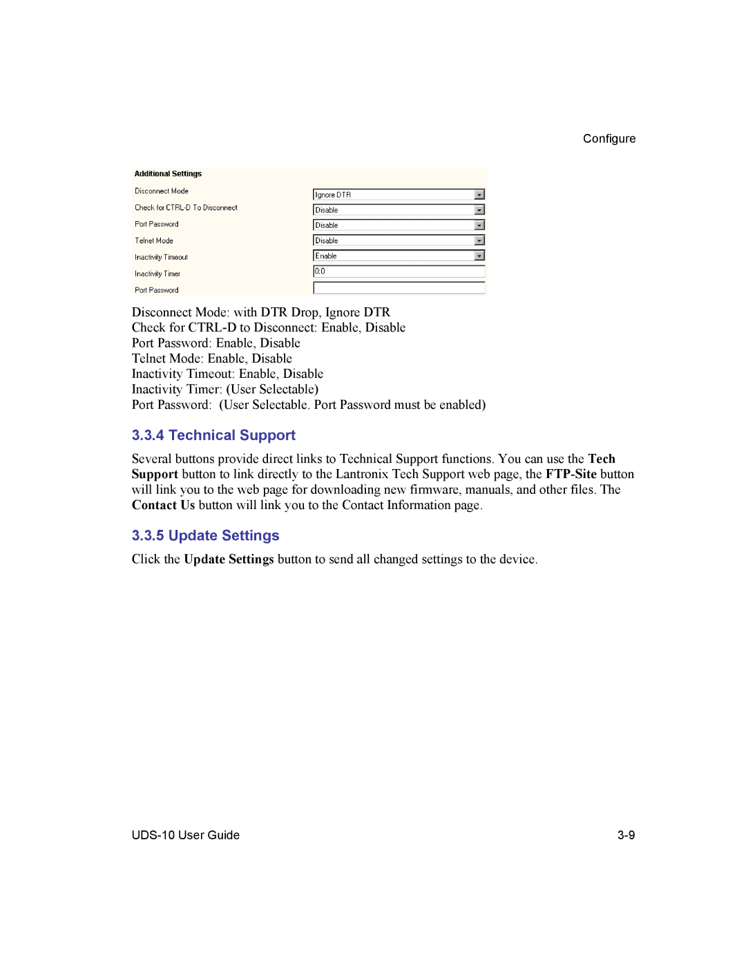 Lantronix 10 manual Technical Support, Update Settings 