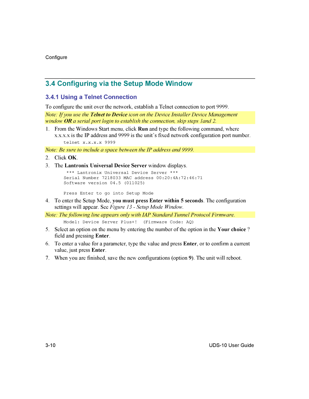 Lantronix 10 manual Configuring via the Setup Mode Window, Using a Telnet Connection 