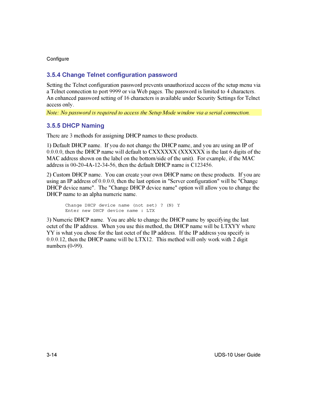 Lantronix 10 manual Change Telnet configuration password, Dhcp Naming 