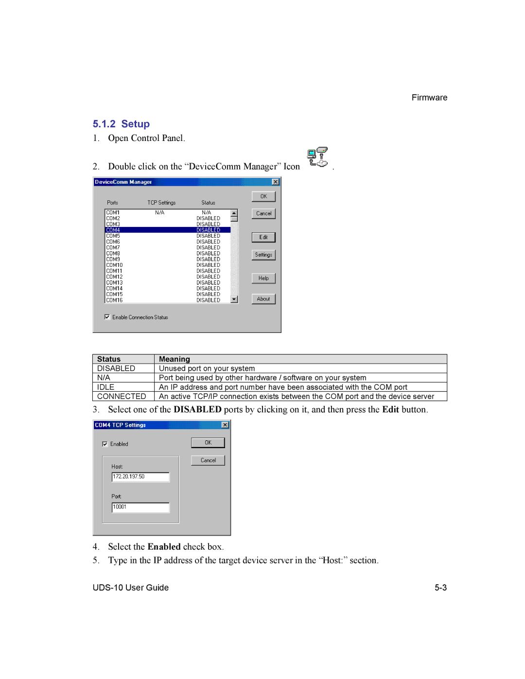 Lantronix 10 manual Setup, Status Meaning 