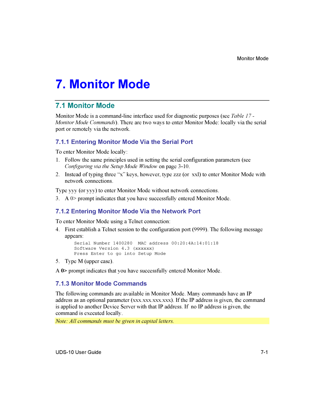 Lantronix 10 manual Entering Monitor Mode Via the Serial Port, Entering Monitor Mode Via the Network Port 