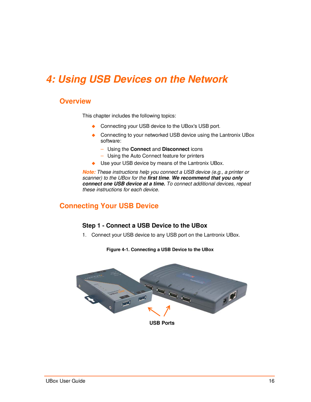 Lantronix 2100 Using USB Devices on the Network, Overview, Connecting Your USB Device, Connect a USB Device to the UBox 