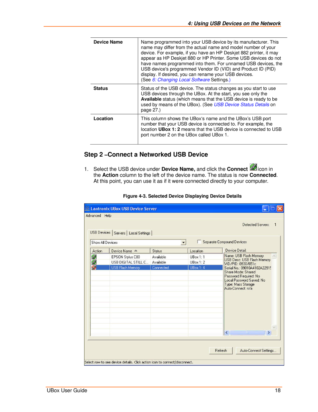 Lantronix 2100, 4100 manual Connect a Networked USB Device, Device Name, Status, Location 