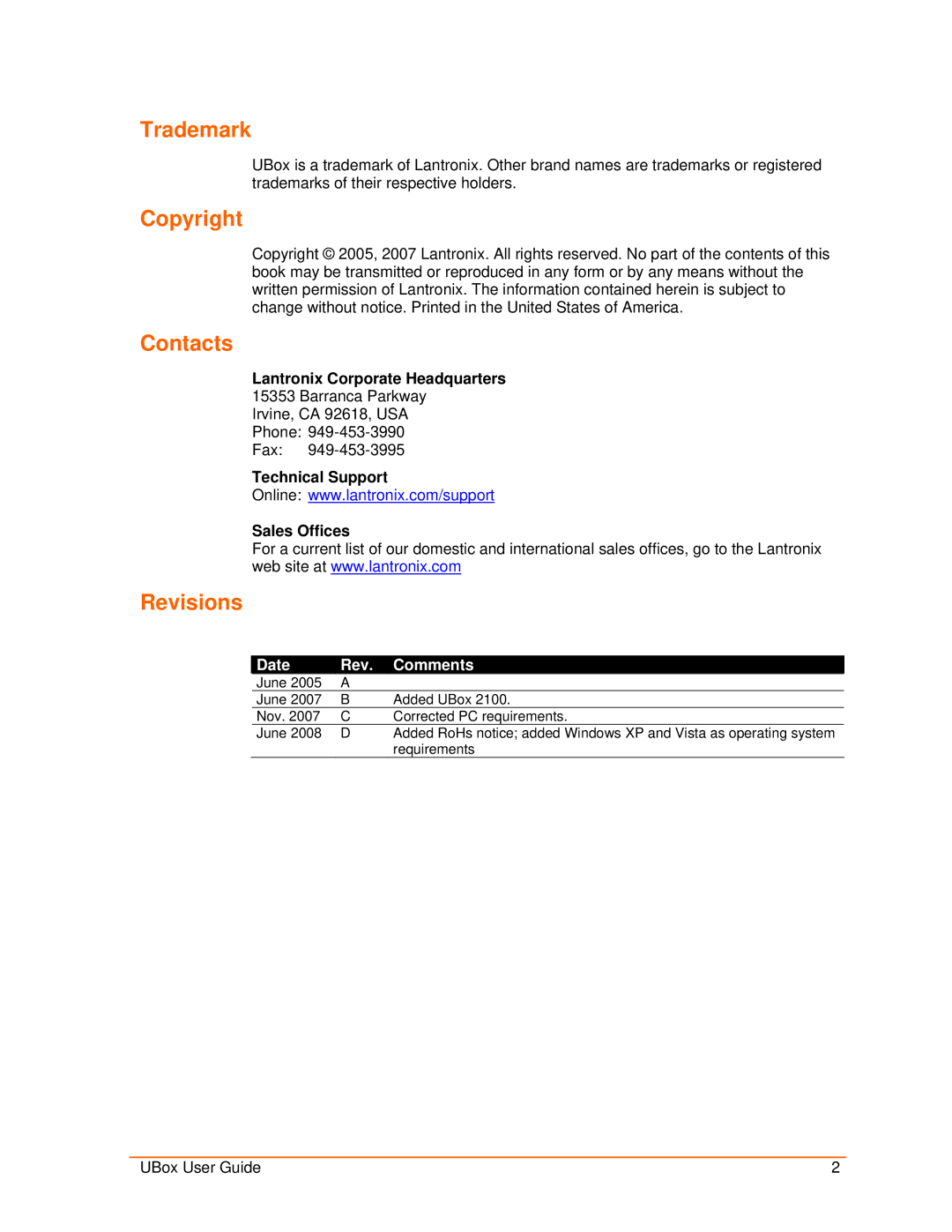 Lantronix 2100 Trademark, Copyright Contacts, Revisions, Lantronix Corporate Headquarters, Technical Support Sales Offices 