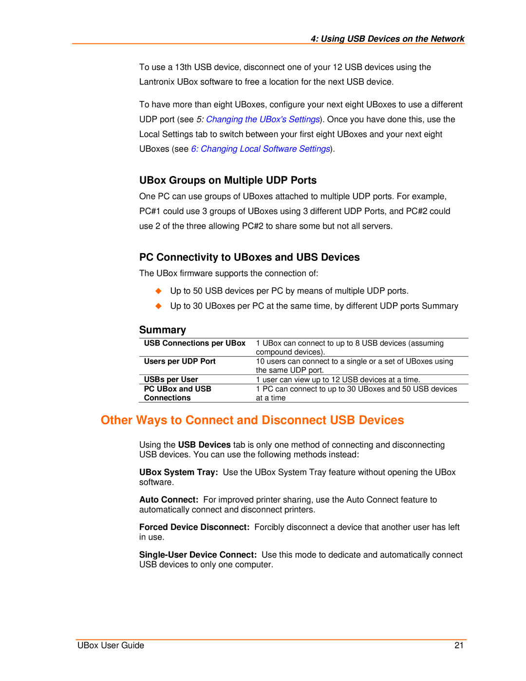 Lantronix 4100, 2100 manual Other Ways to Connect and Disconnect USB Devices, UBox Groups on Multiple UDP Ports, Summary 