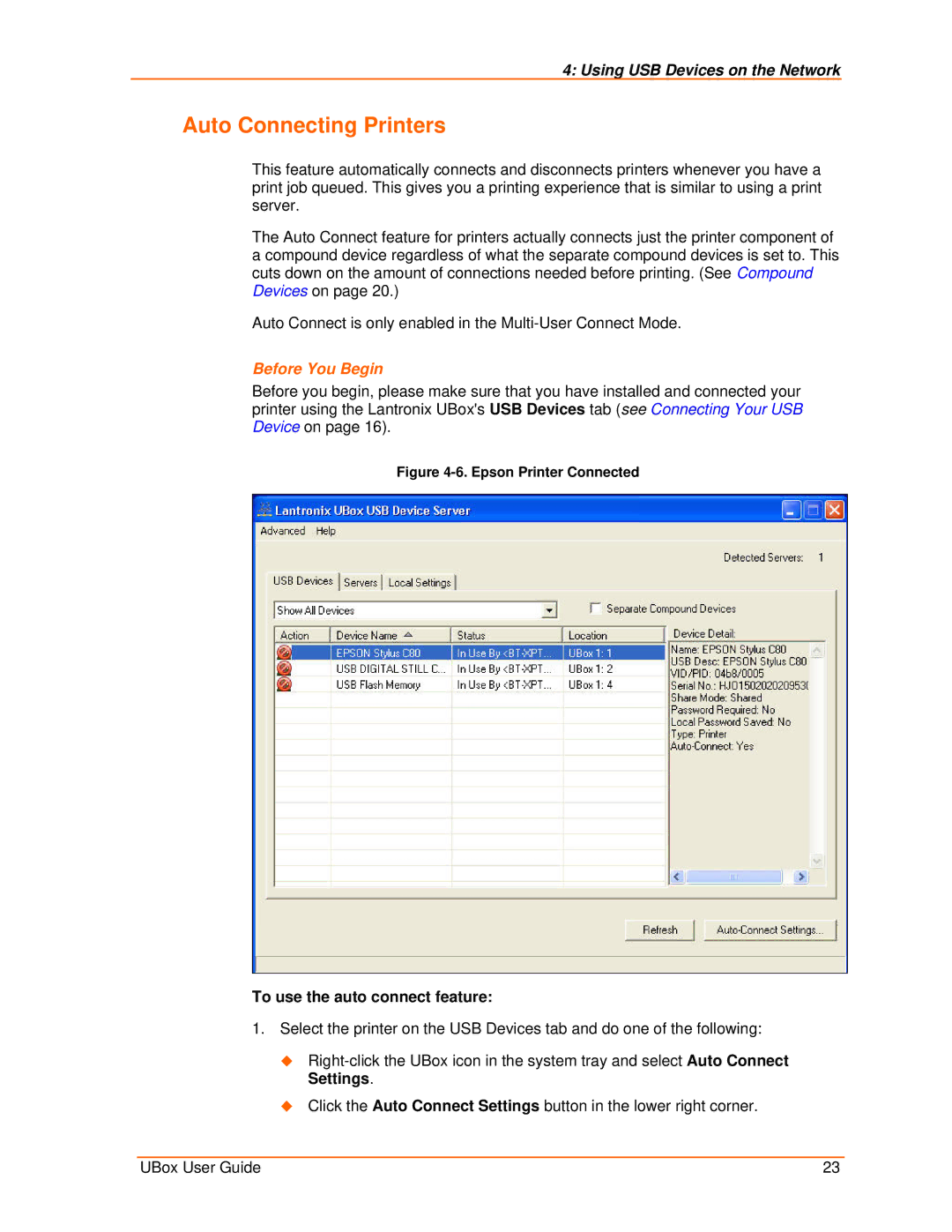 Lantronix 4100, 2100 manual Auto Connecting Printers, To use the auto connect feature 