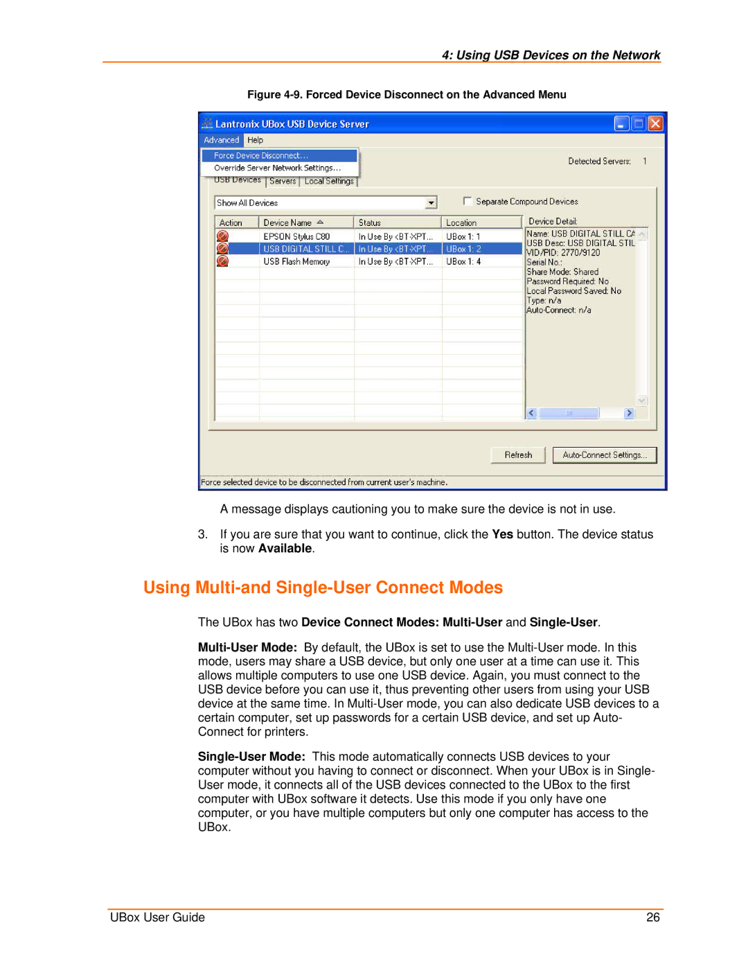 Lantronix 2100, 4100 manual Using Multi-and Single-User Connect Modes, Forced Device Disconnect on the Advanced Menu 