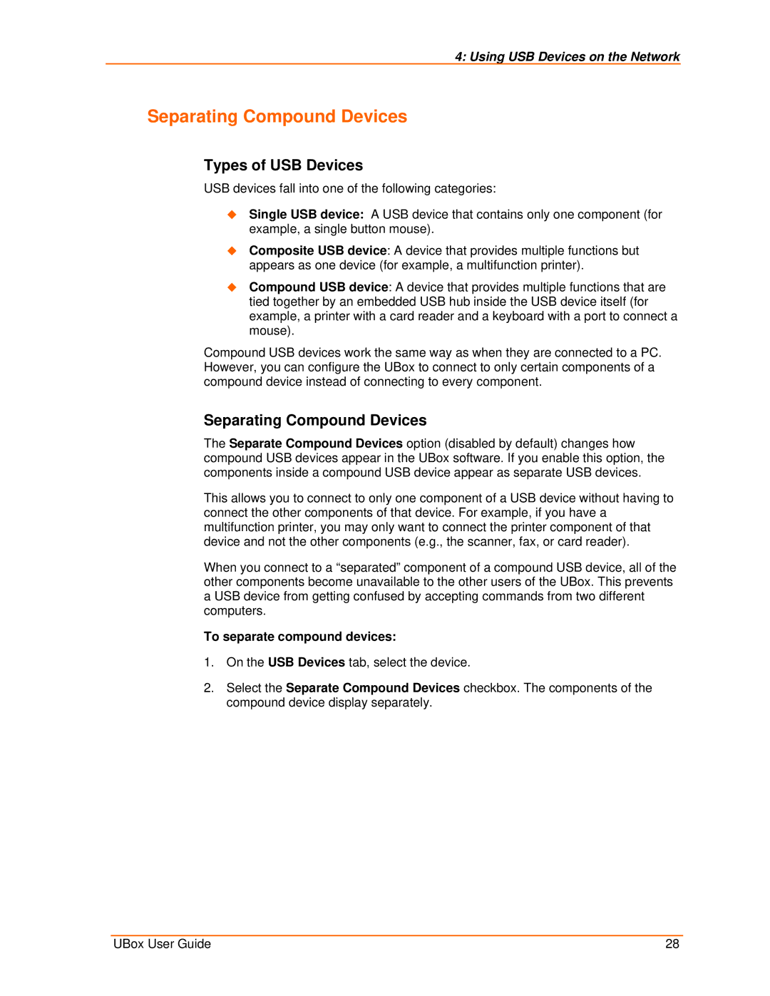 Lantronix 2100, 4100 manual Separating Compound Devices, Types of USB Devices, To separate compound devices 