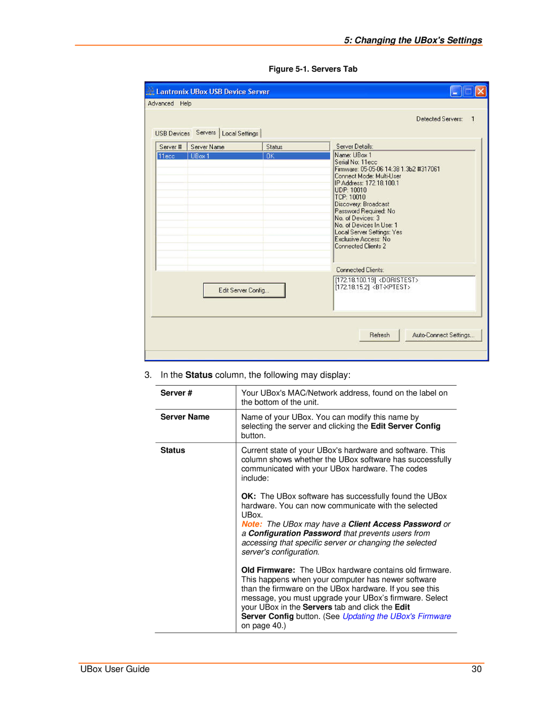 Lantronix 2100, 4100 manual Changing the UBoxs Settings, Status column, the following may display, Server #, Server Name 