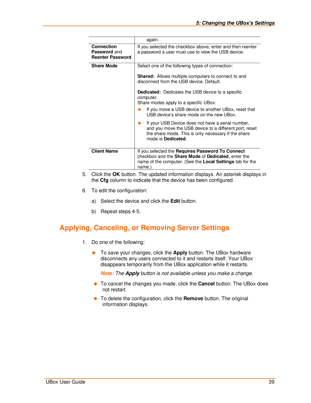 Lantronix 4100, 2100 manual Applying, Canceling, or Removing Server Settings, Connection, Reenter Password Share Mode 