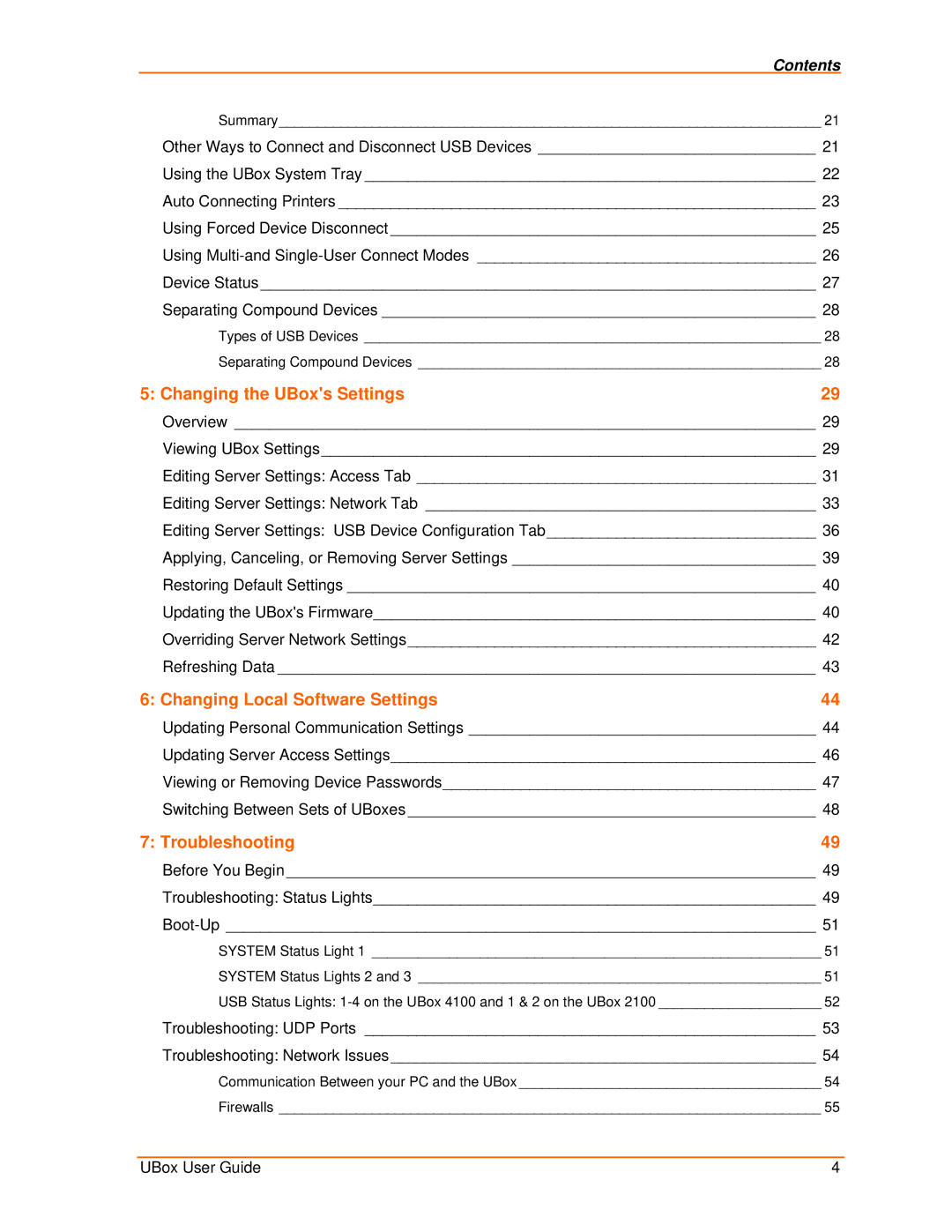 Lantronix 2100, 4100 manual Changing the UBoxs Settings, Contents 