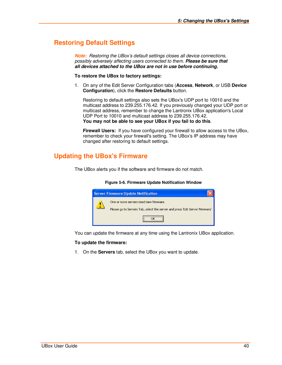 Lantronix 2100, 4100 manual Restoring Default Settings, Updating the UBoxs Firmware, To restore the UBox to factory settings 