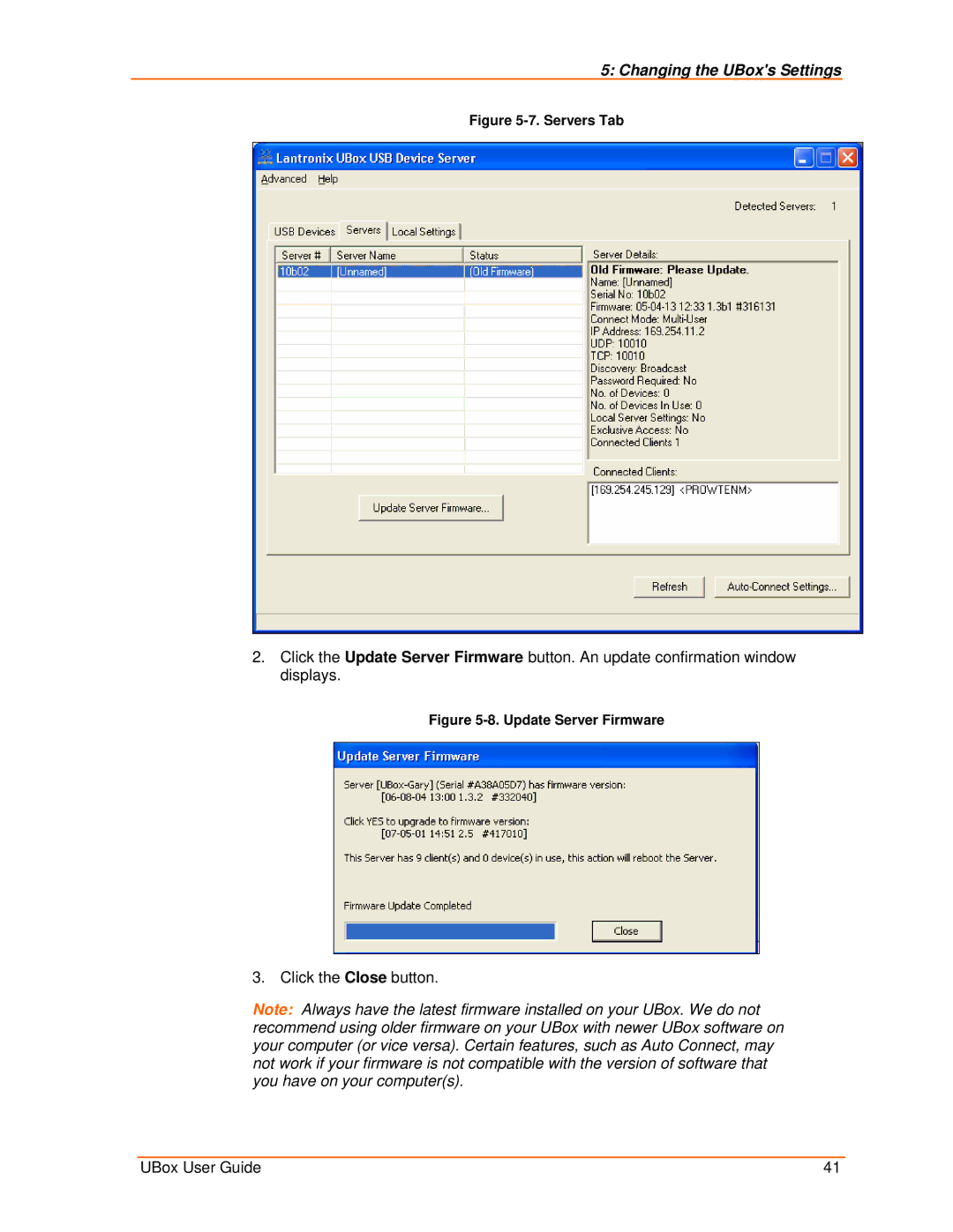 Lantronix 4100, 2100 manual Click the Close button UBox User Guide, Update Server Firmware 